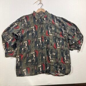VTG Stunt Collections Abstract Silk Shirt Large Men Green Geometric Art Deco 90s